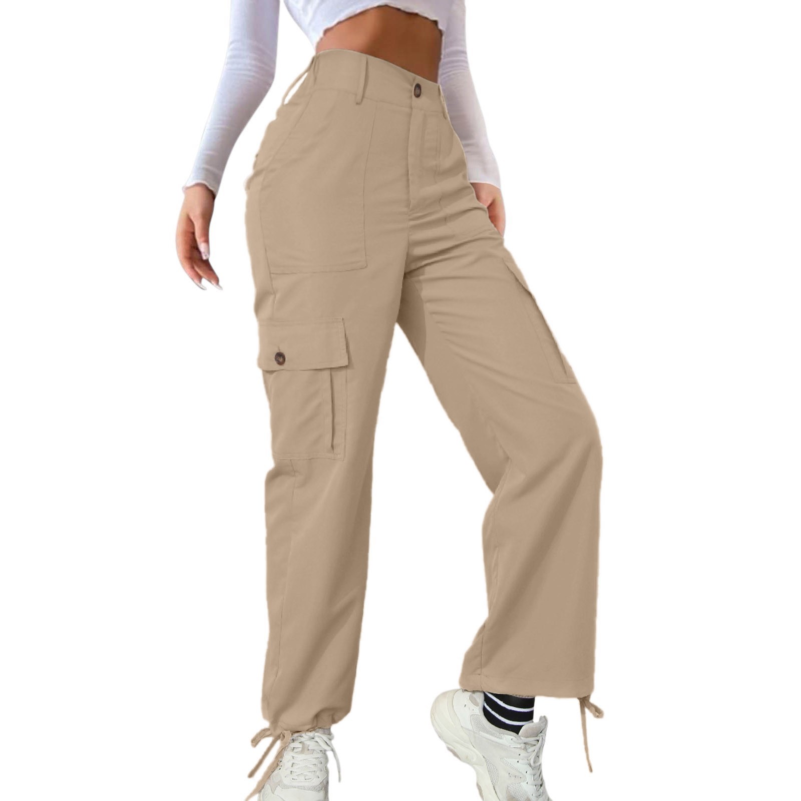 Pantalones cargo de cintura alta para mujer: pantalones anchos con 6 bolsillos, material de spandex, tallas XS-XXL
